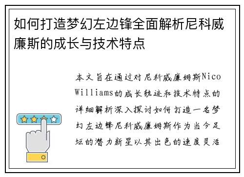 如何打造梦幻左边锋全面解析尼科威廉斯的成长与技术特点 如何打造梦幻左边锋全面解析尼科威廉斯的成长与技术特点