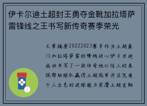 伊卡尔迪土超封王勇夺金靴加拉塔萨雷锋线之王书写新传奇赛季荣光